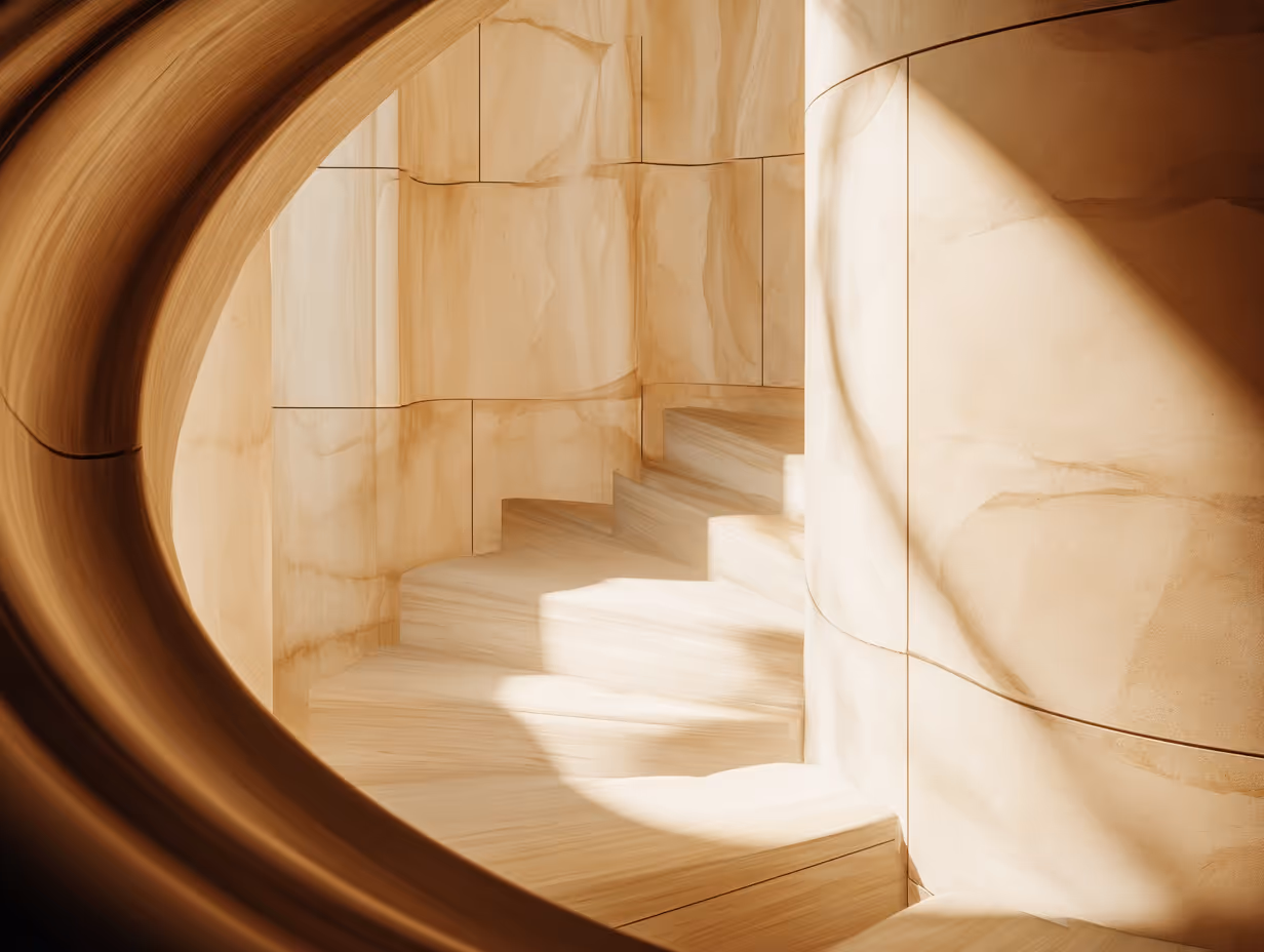 Sunlit spiral staircase with smooth beige stone walls and steps framed by a circular wooden opening.