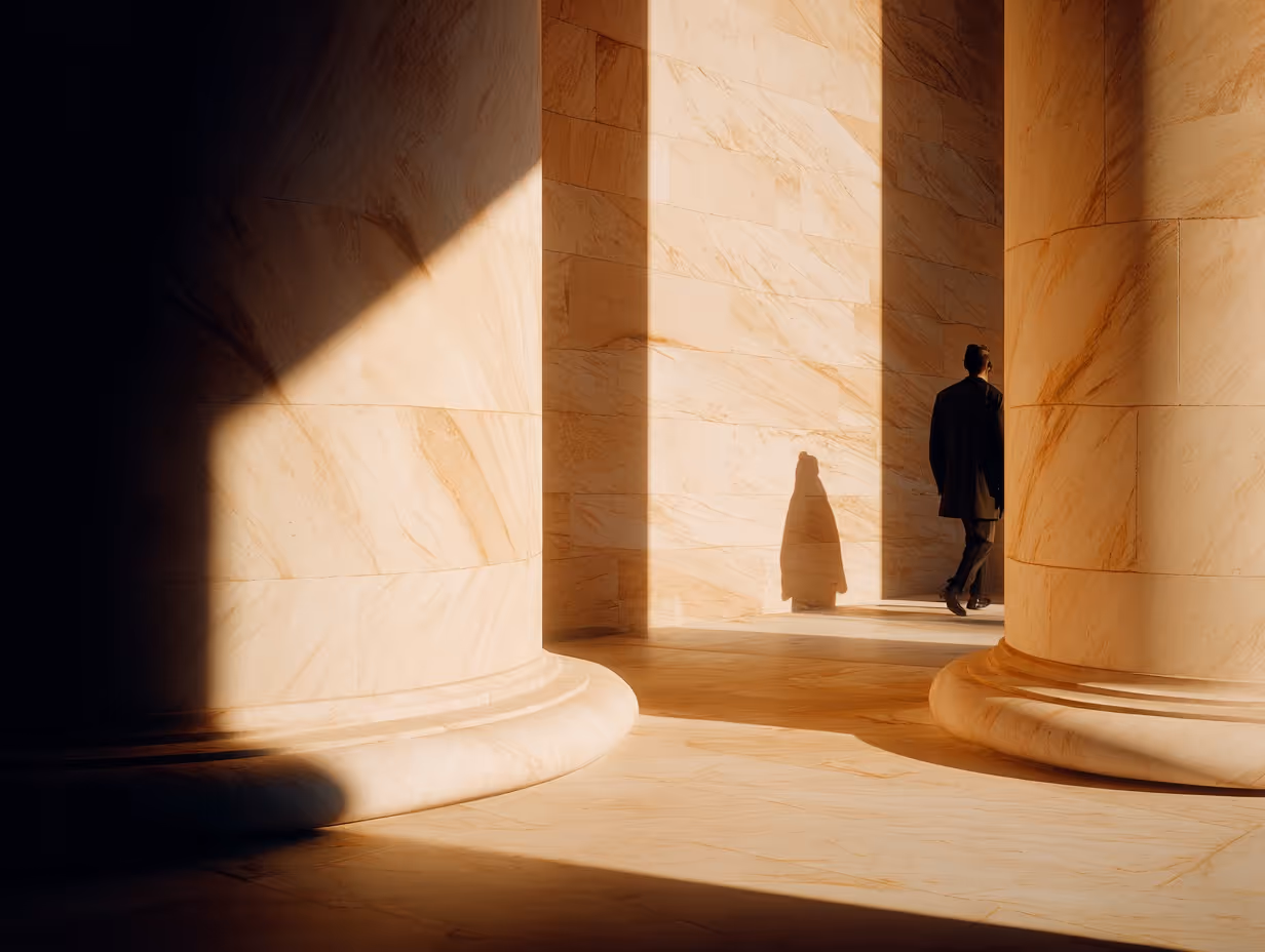 Person in dark clothing walking through large, sunlit marble columns casting shadows.