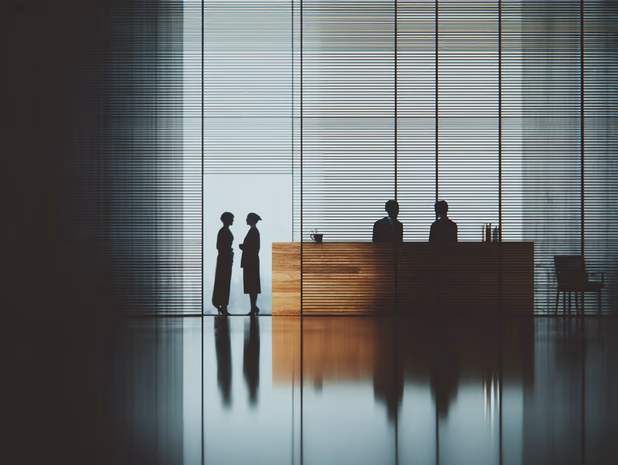 Silhouettes of two people talking near a modern reception desk with two others seated behind it in a room with large vertical window blinds.