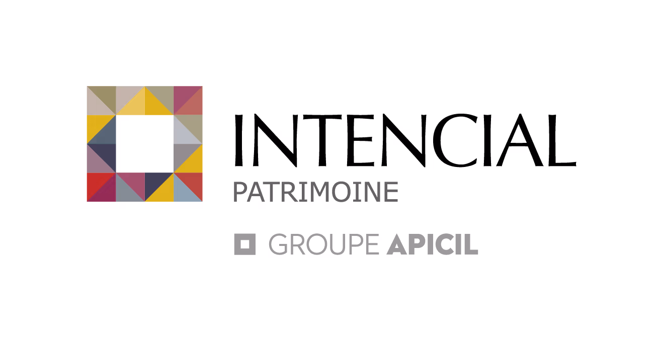 Colorful geometric square logo followed by the text Intencial Patrimoine and Groupe Apicil.