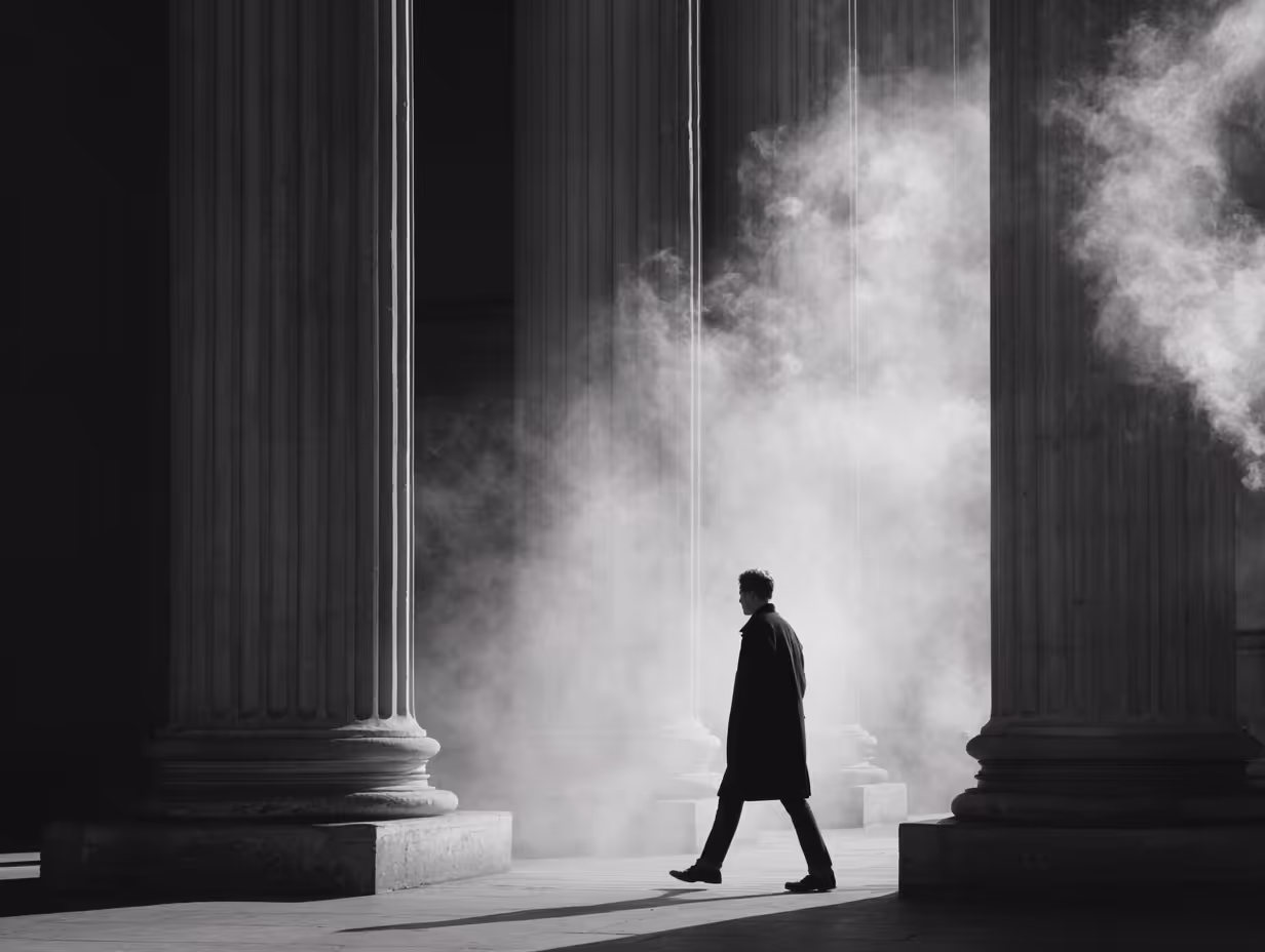 Silhouette of a man walking through large classical columns with mist or smoke surrounding him.