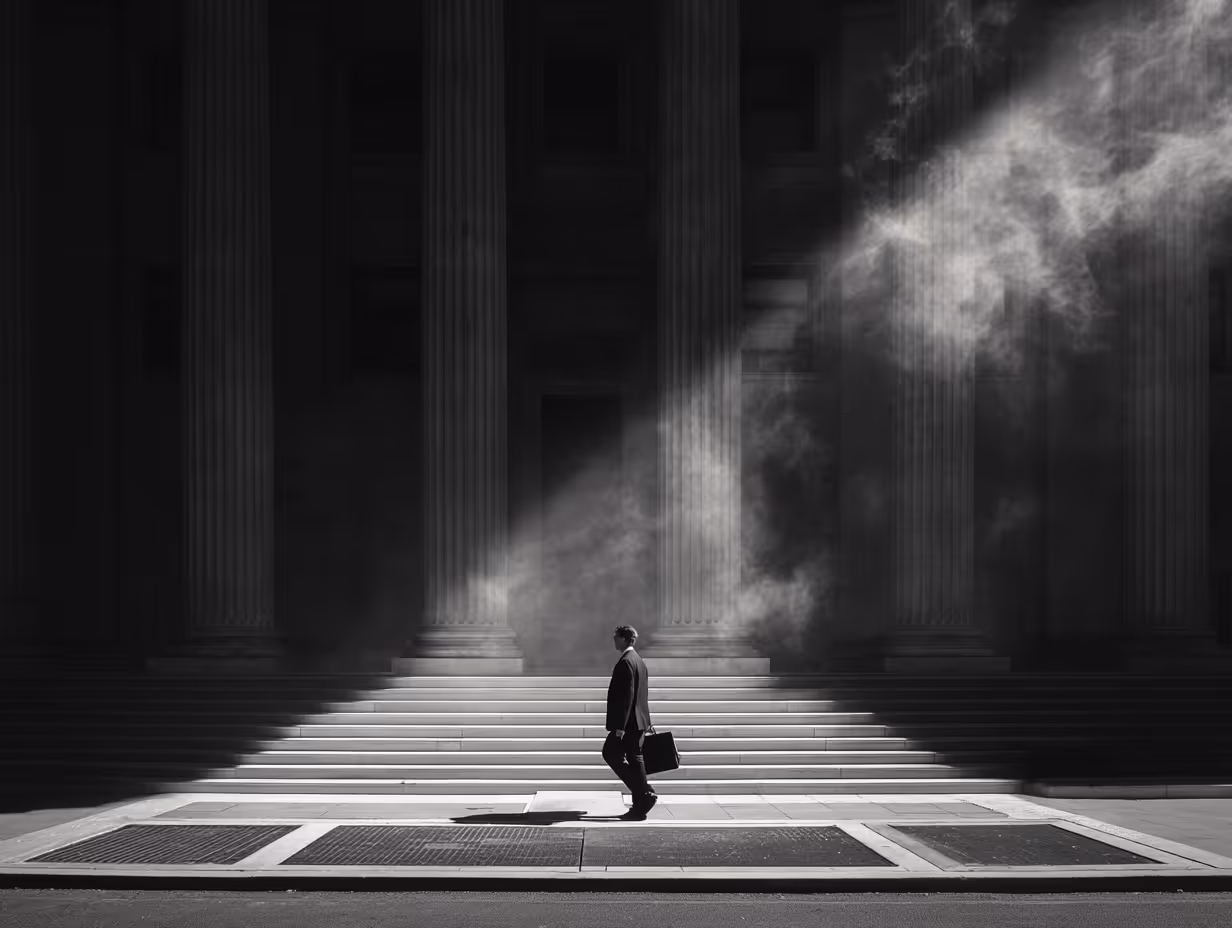 Man in suit holding a briefcase walking past large classical columns with dramatic light and smoke effects.