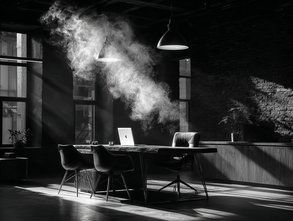 Black and white modern office with a wooden table, three chairs, a laptop, and sunlight streaming through windows creating shadows and smoke in the air.