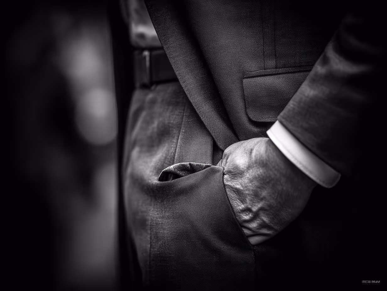 Close-up black and white photo of a man's hand in a suit pocket.