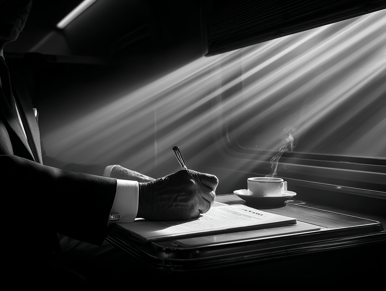 Man in suit writing on paper at a train table with sunlight streaming through the window and a steaming cup of coffee beside him.