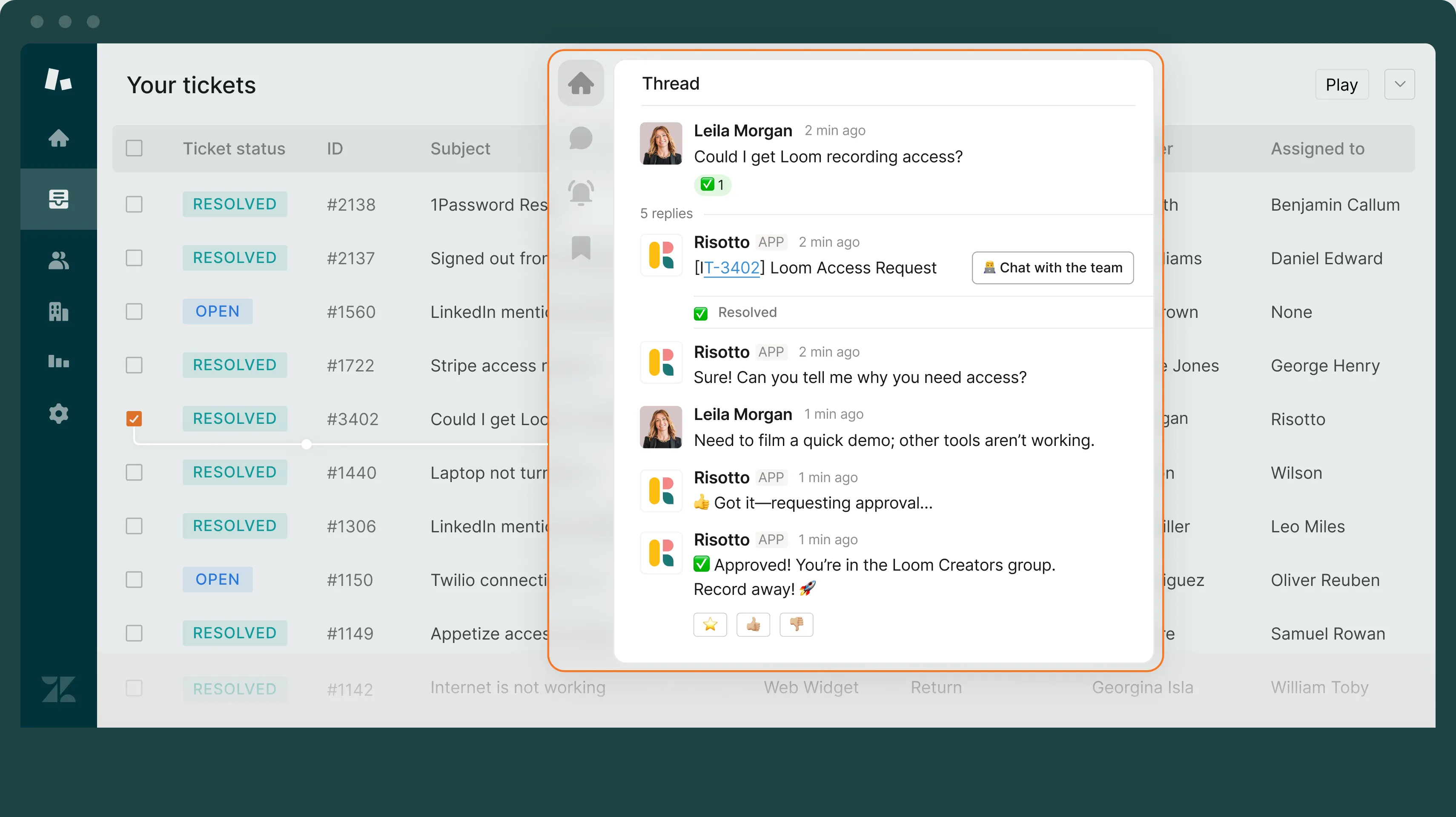 Zendesk ticket thread where Risotto automatically reviews and approves a Loom access request from Slack chat.