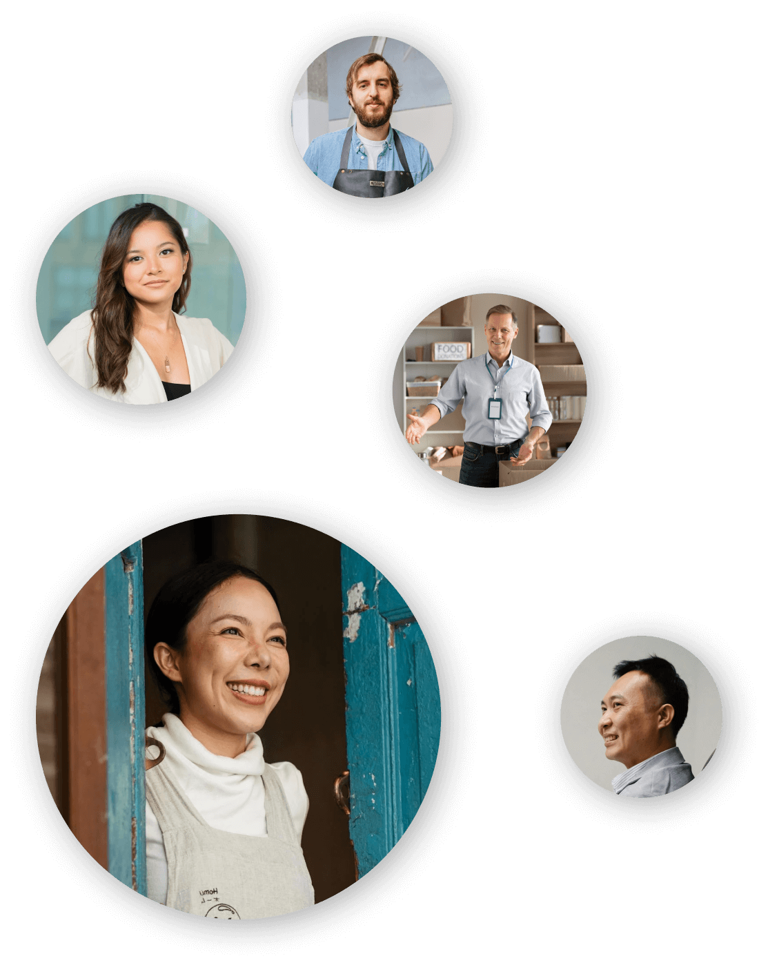 "A collage of five people in circular frames: a woman smiling by a blue door, a young man in an apron, a man in a shirt near shelves, a woman with long hair in an office, and a man in profile view."