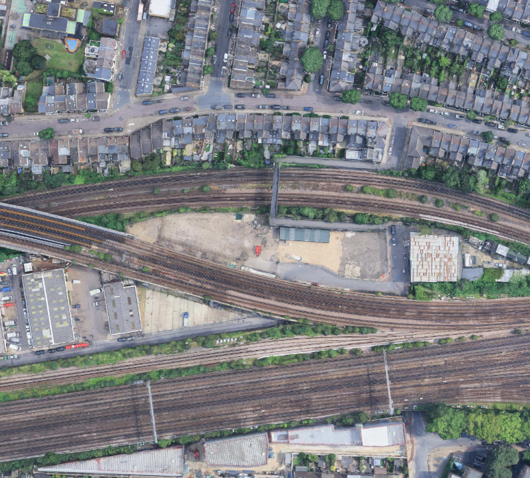 Aerial view of the Battersea yards