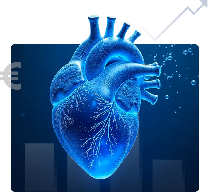 Blaues anatomisches Herz mit Wachstumsgrafik – Symbol für Finanzberatung und Wachstum für Mediziner bei Rimedio Heidelberg