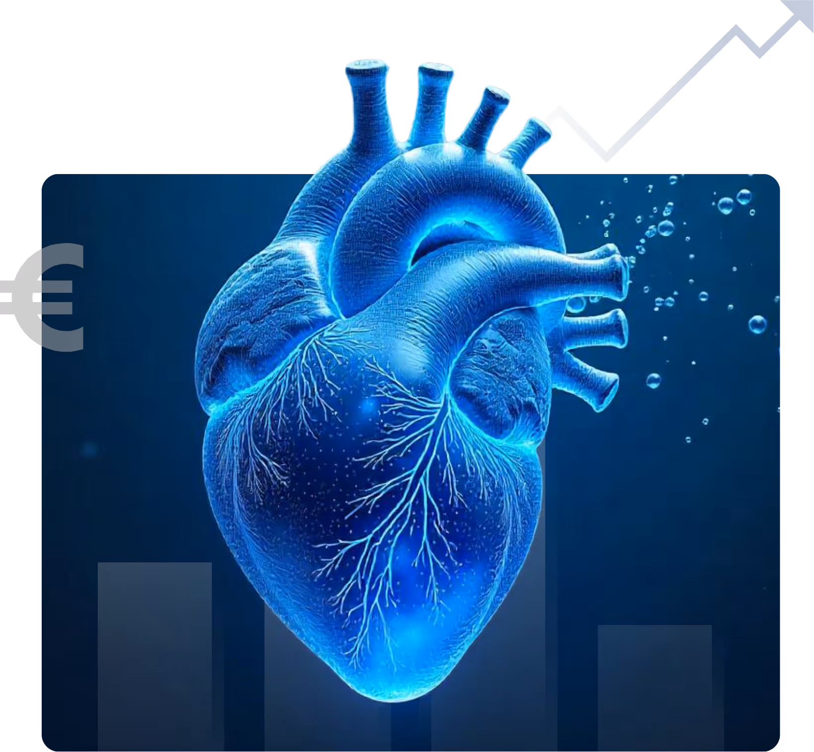Blaues anatomisches Herz mit Wachstumsgrafik – Symbol für Finanzberatung und Wachstum für Mediziner bei Rimedio Heidelberg
