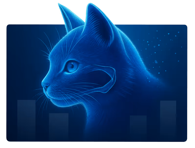 Symbolische blaue Katze mit Balkendiagramm – Finanz- und Versicherungsberatung, Praxisfinanzierung und Absicherung im veterinärmedizinischen Bereich