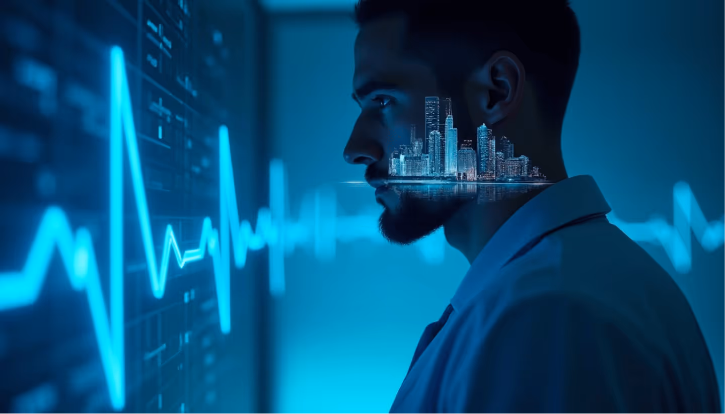 Symbolische Darstellung von Vertrauen und Erfolg in der Finanzberatung – moderne Visualisierung mit Stadt-Silhouette und professioneller Person als Sinnbild für Stabilität und Zukunftssicherheit