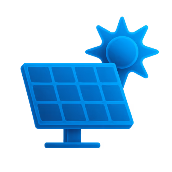 Symbolgrafik zum Thema Photovoltaik – ein blaues Solarpanel mit einer Sonne im Hintergrund, das für nachhaltige Energie, Klimaschutz und renditestarke Investitionen steht.