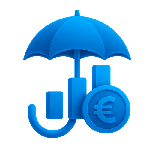 Symbolgrafik zum Thema Altersvorsorge – ein blauer Regenschirm über Säulen und einem Eurozeichen, der für finanzielle Sicherheit, Stabilität und Vorsorge im Ruhestand steht.