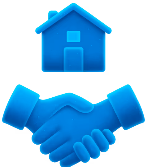 Symbolgrafik zum Thema Praxisübernahme – ein blaues Haus mit zwei sich schüttelnden Händen, das für Partnerschaft, Vertrauen und den erfolgreichen Start in die eigene Praxis steht.