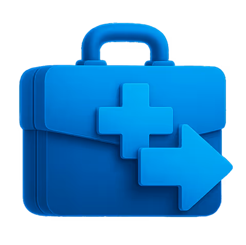 Symbolgrafik zum Thema Praxisabgabe – ein blauer Arztkoffer mit Pfeil und Kreuz, der den Übergang einer Praxis und den erfolgreichen Abschluss eines Lebenswerks visualisiert.