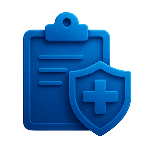 Blaues 3D-Icon mit einem Klemmbrett und einem Schutzschild mit Kreuzsymbol – steht für das Thema Krankenversicherung.