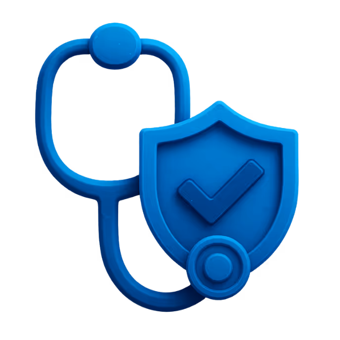 Blaues 3D-Icon mit Stethoskop und Schutzschild mit Häkchen – symbolisiert die Berufshaftpflichtversicherung für Mediziner.