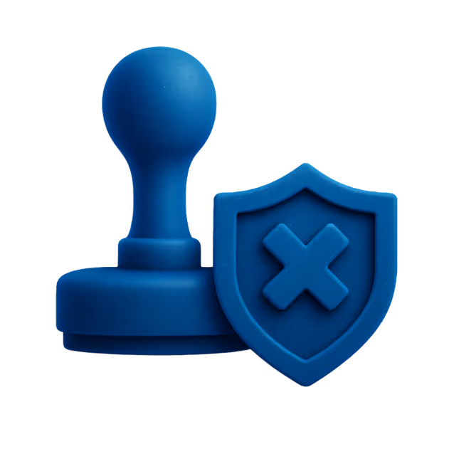 Blaues 3D-Icon mit Stempel und Schutzschild mit Kreuz – symbolisiert die Berufsunfähigkeitsversicherung für Ärztinnen und Ärzte.