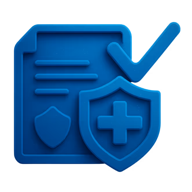 Blaues 3D-Icon mit Dokument, Schutzschild und Haken – steht für zusätzliche Versicherungen und umfassende Absicherung für Praxisinhaber.
