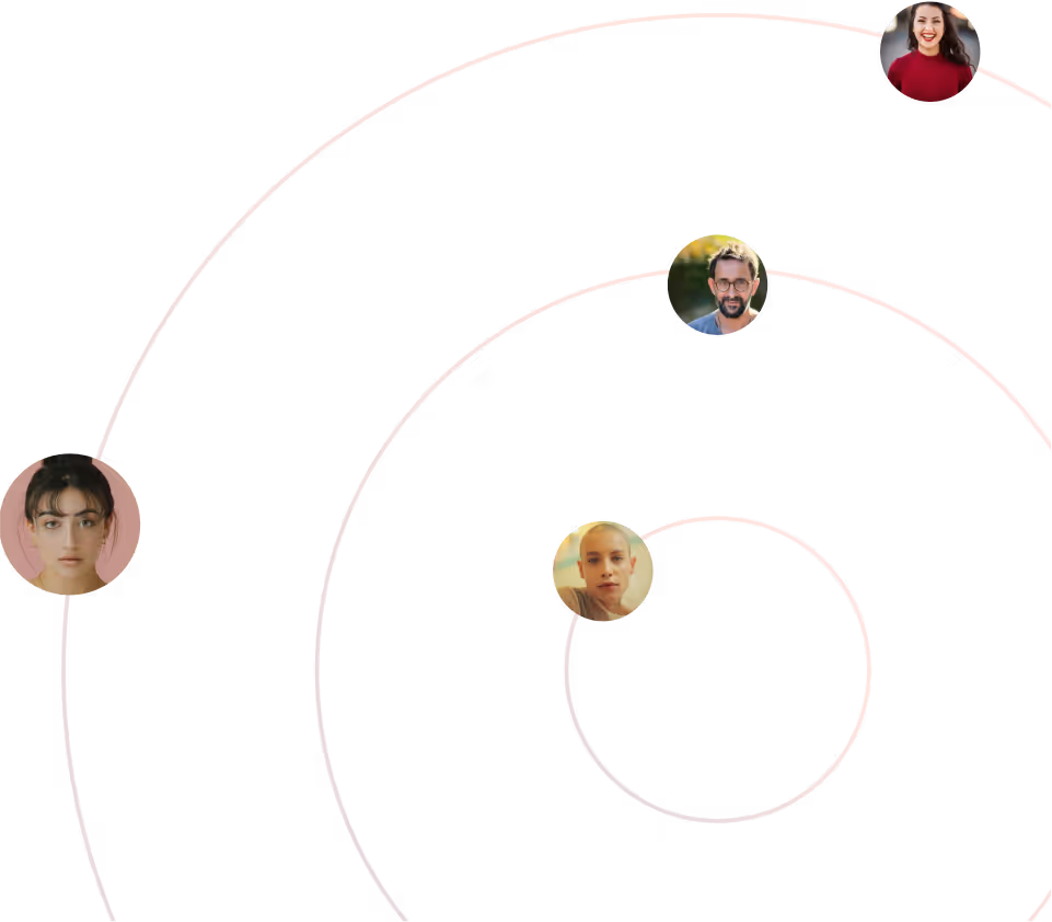 Abstract illustration with four profile photos connected by circular orbit lines