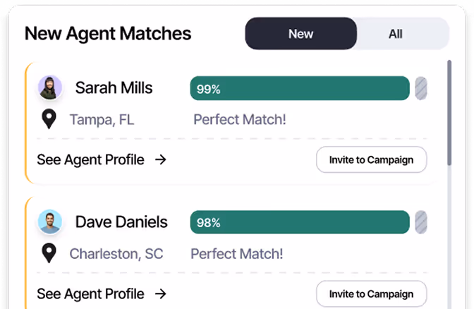 ShyftOff new agent matches showing Sarah Mills and Dave Daniels with high match percentages and options to view profiles or invite to campaigns.