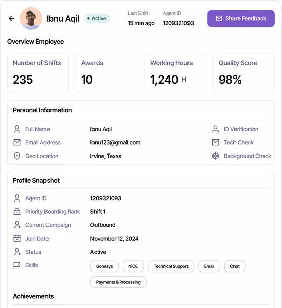 ShyftOff employee profile dashboard for Ibnu Aqil showing shifts, awards, working hours, quality score, personal details, profile snapshot, and skills.