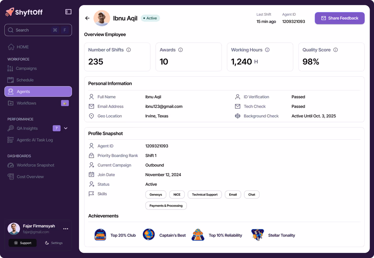 ShyftOff agent profile dashboard displaying shifts, awards, hours, quality score, and verification status