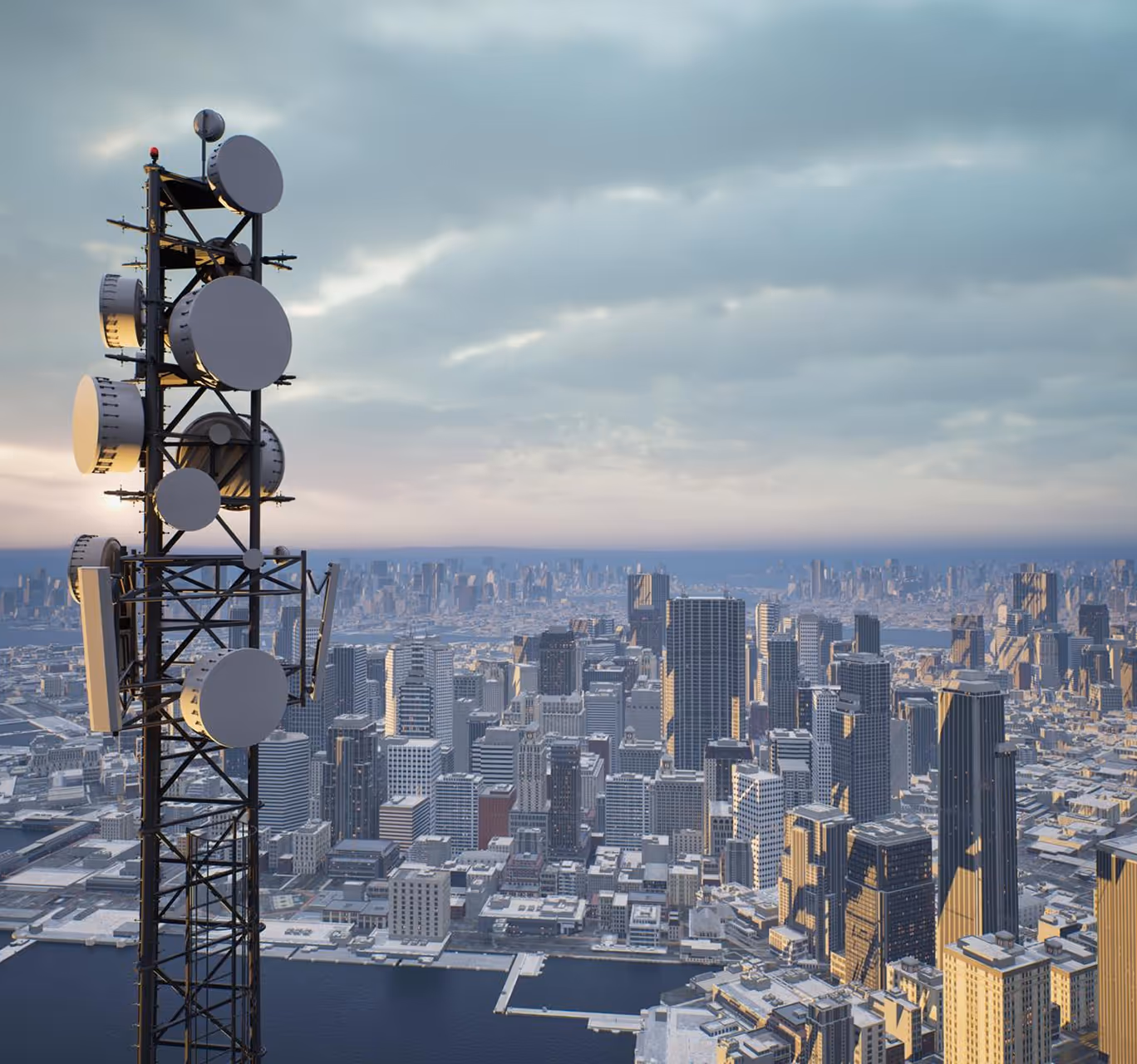 Telecommunication tower with antennas overlooking modern city skyline