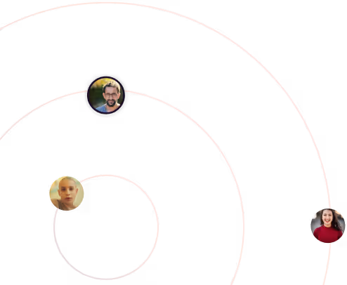 Three circular portraits of diverse individuals arranged along concentric red and orange gradient orbit lines on a transparent background.