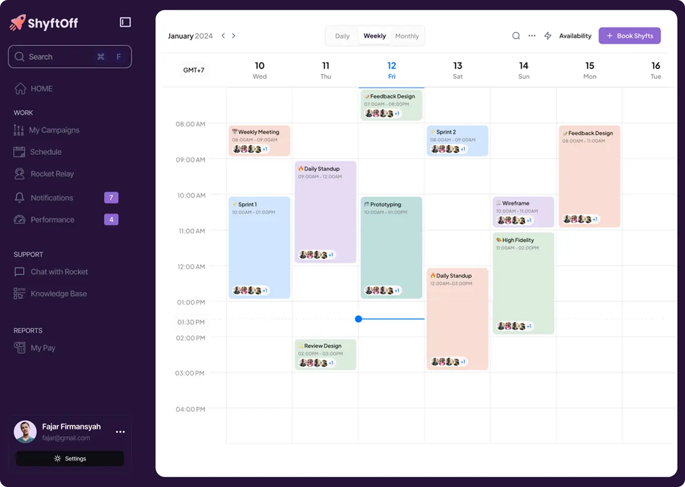 Weekly calendar view showing scheduled meetings and tasks from January 10 to 15, 2024, with a sidebar menu.