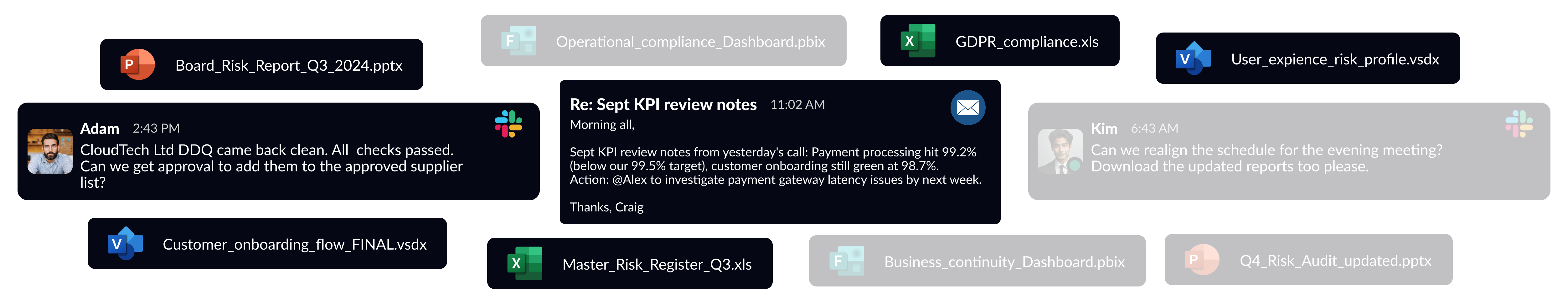 Collage of work messages and file icons including chat messages from Adam and Kim discussing approvals and schedule, an email about KPI review notes, and various file types such as PowerPoint, Excel, Visio, and Power BI reports.