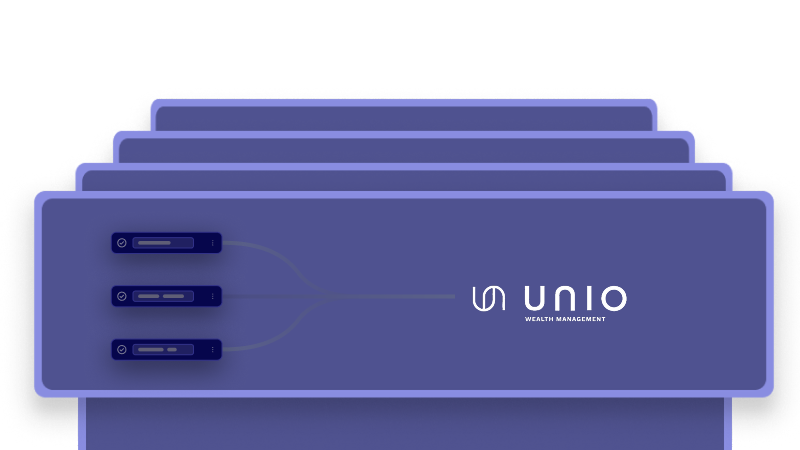 Diagram showing three blue servers connecting to the UNIO Wealth Management logo on a purple gradient background.