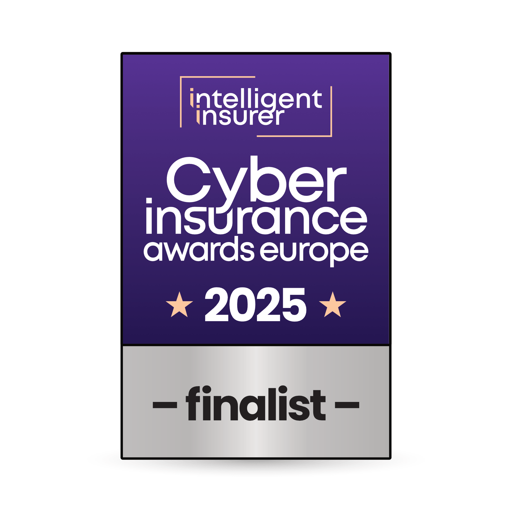 Badge for Intelligent Insurer Cyber Insurance Awards Europe 2025 finalist with purple and silver background.