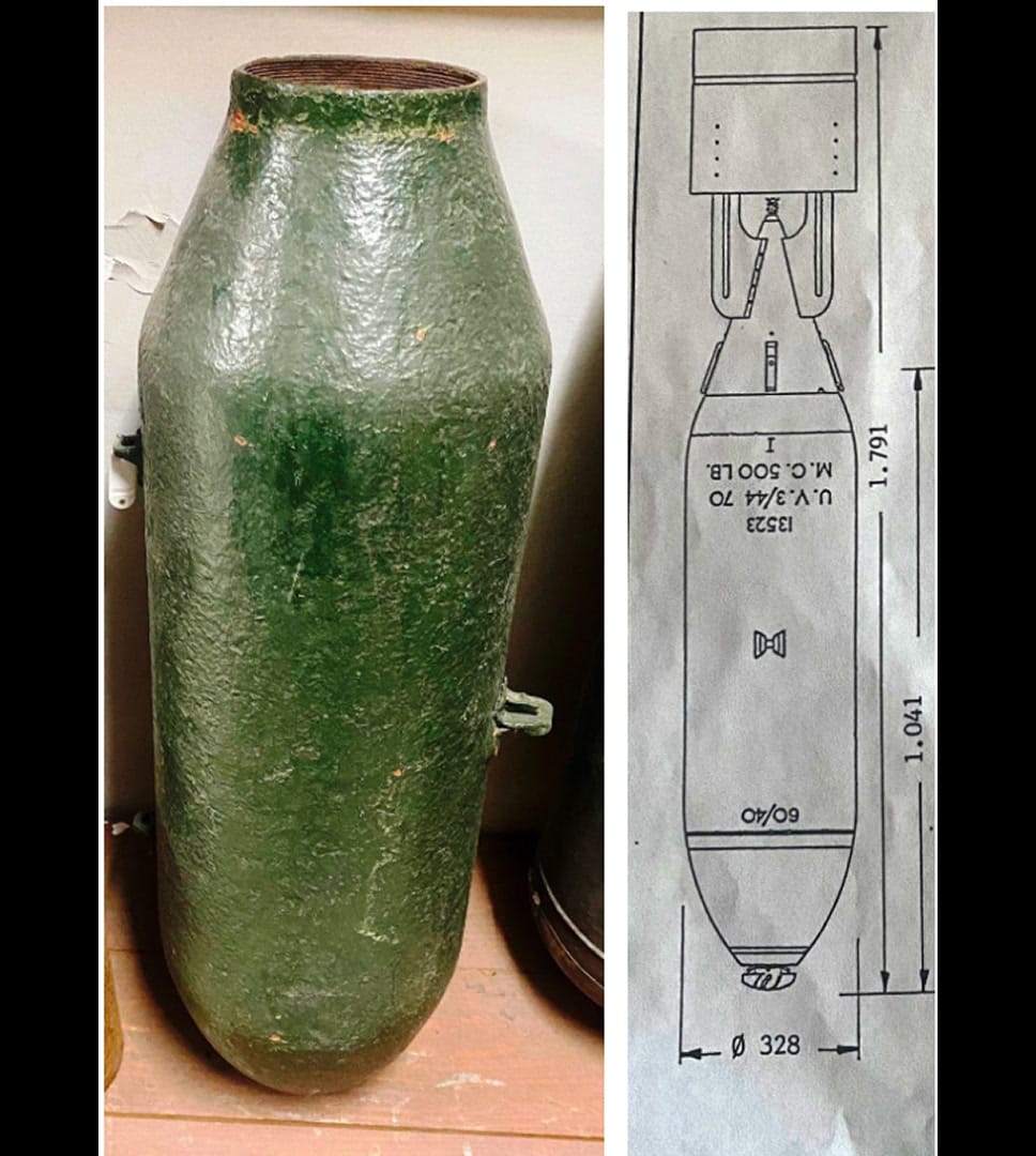 Brit 500 MC rombolóbomba és a méretezett ábrája a bomba szárnnyal. A brit bomba más néven 500 MC (medium capacity) nagyon hasonló konstrukció volt az amerikai 500 lb GP bombához.