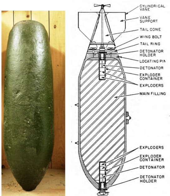 Brit 1000 lb GP rombolóbomba stabilizáló szárnyak nélkül és a metszeti ábrája
