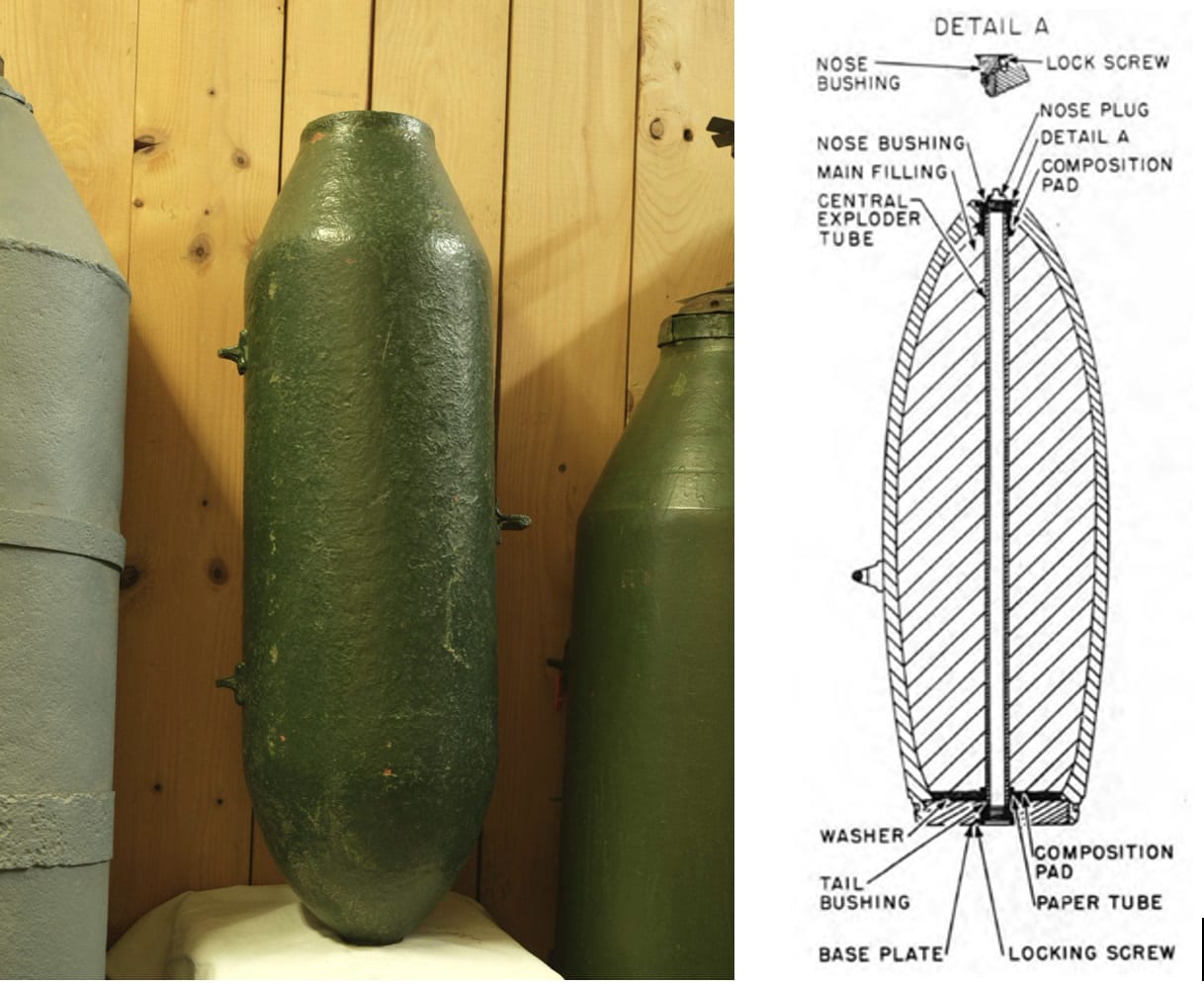 Brit 250 lb GP rombolóbomba és sematikus metszete