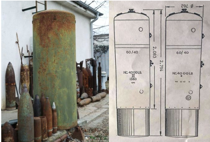 Brit 4000 lb HC akna hatású bomba, amelyet a tűzszerészek Almásfüzitőnél emeltek ki és hatástalanítottak. (Az MH 1. Tűzszerész és Folyamőr ezred telephelyén készül fotó)