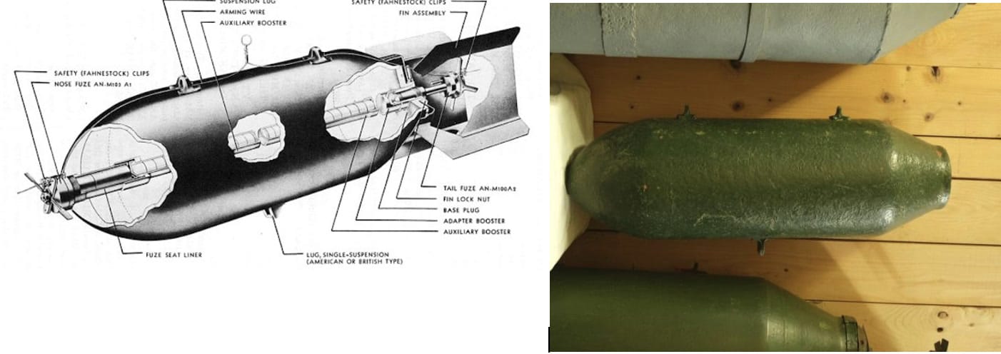 Amerikai 250 lb GP rombolóbomba felépítése és hatástalanított állapotban. Ez a bombatípus váltotta a régebbi amerikai 300 lb GP rombolóbombákat.