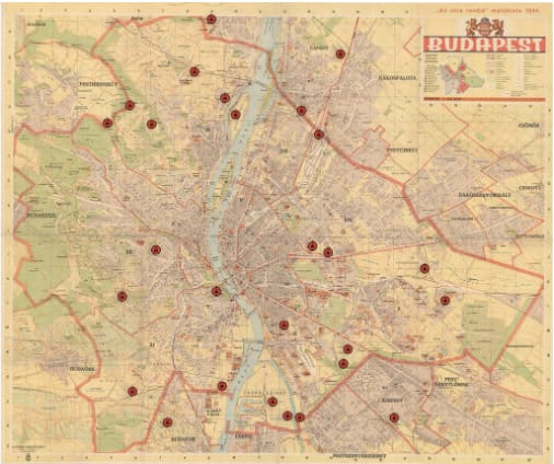 Budapest légvédelmi rendszerében kiépített tüzelőállásokal rendelkező ágyús ütegek tüzelőállásai. (Alaptérkép HTM)