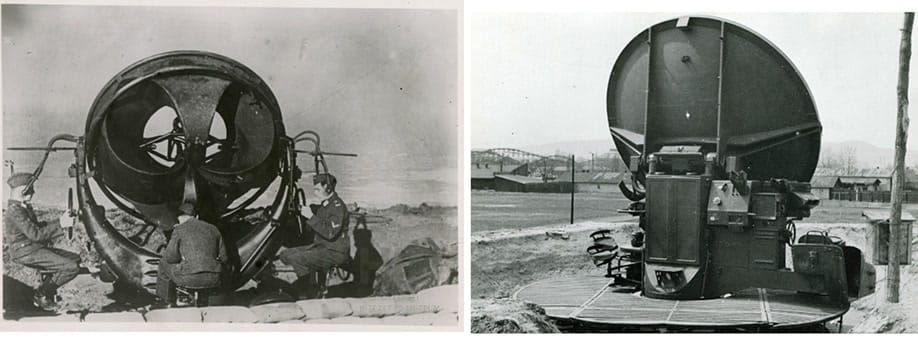 Német fülelő készülék. A nagyobb bombázó kötelékek irányának és távolságának felderítésére szolgált a nagy motorzaj alapján. (HTM) “Borbála” légvédelmi felderítő-tűzvezető lokátor a Rákosrendező pályaudvar mellett (Fortepan/Mihályi Balázs)