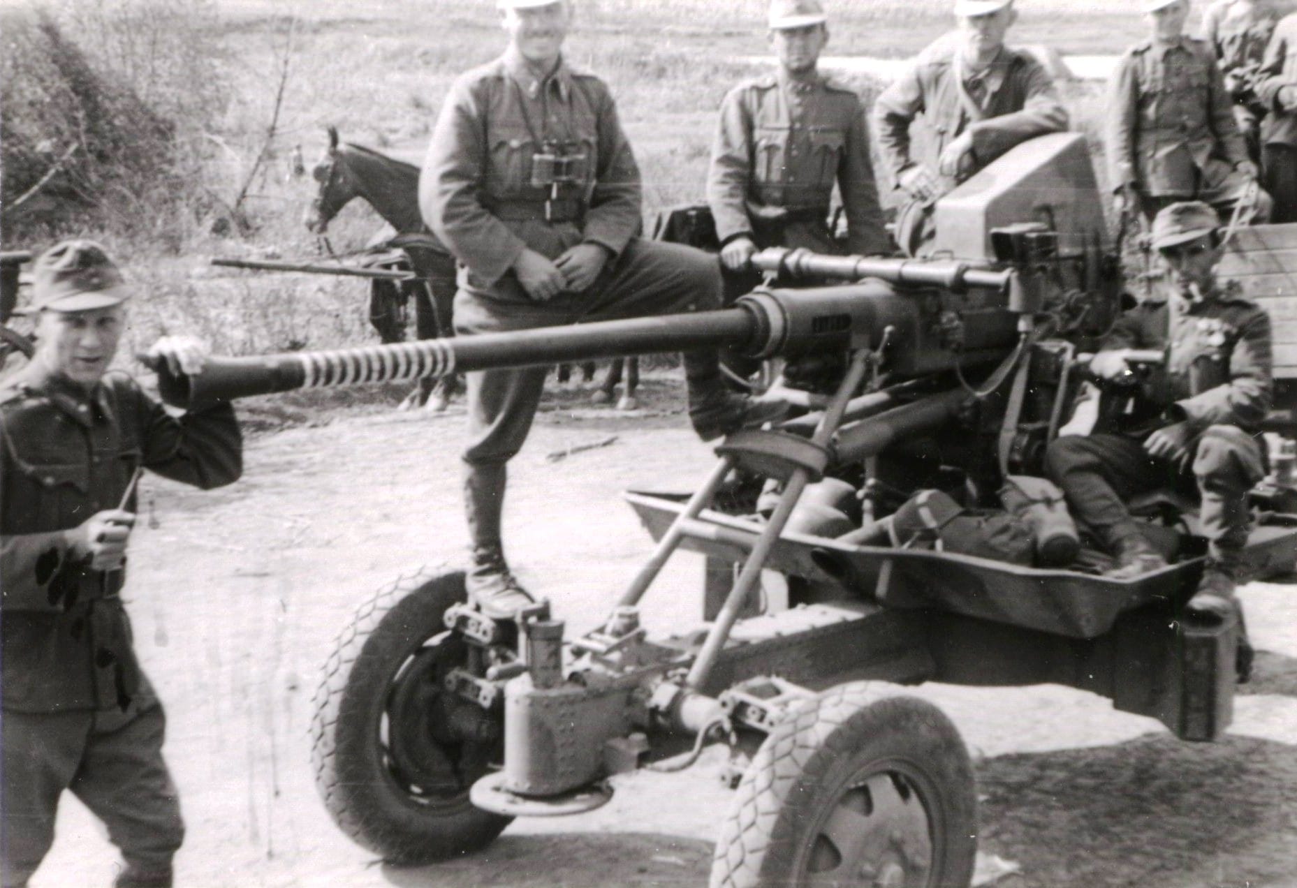 1936M 4 cm-es légvédelmi gépágyú, lelövést igazoló gyűrűkkel a csövén.