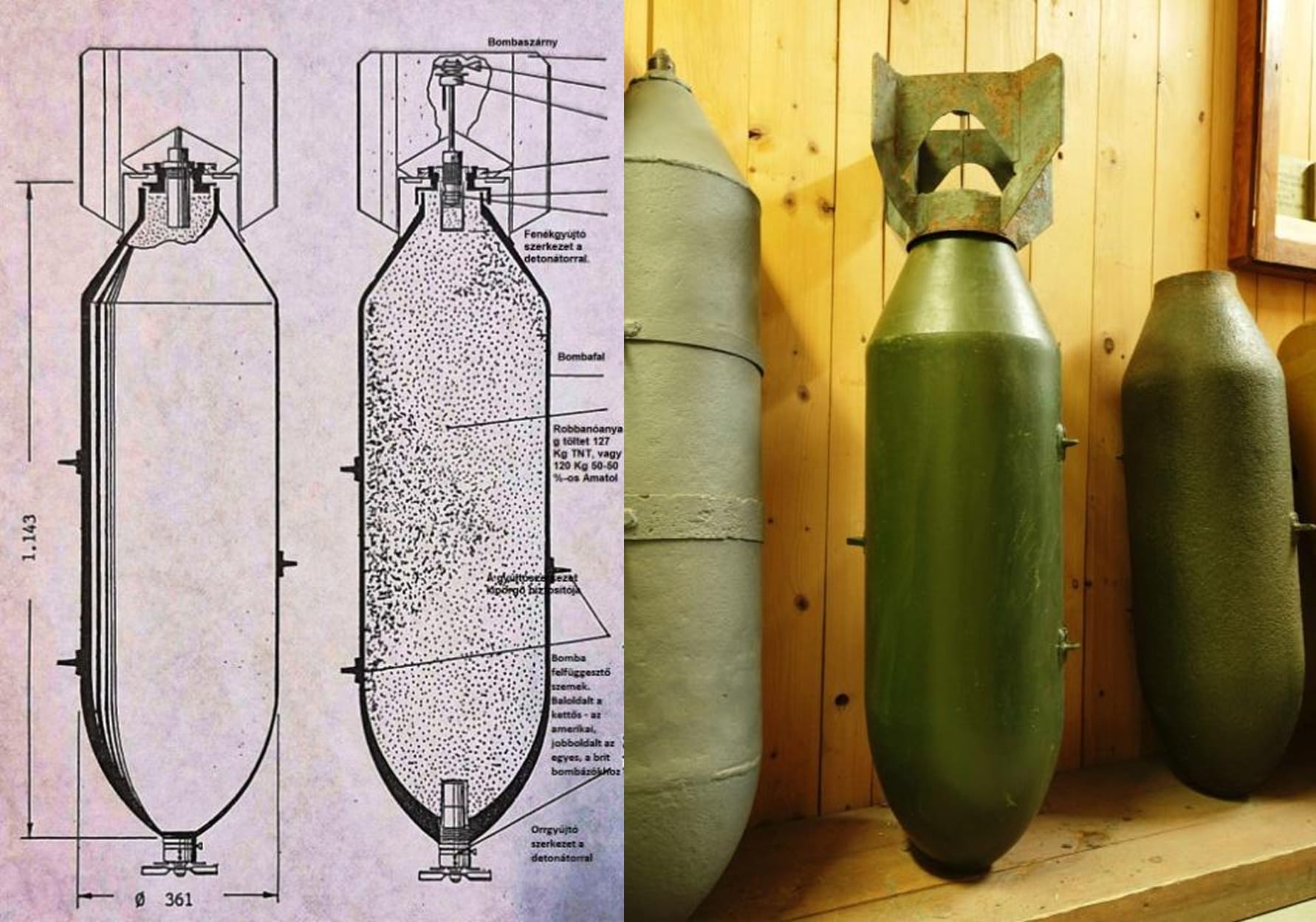 Amerikai 500 lb GP rombolóbomba, amelynek 227 kg teljes tömegéből 127 kg volt a TNT, vagy 120 kg az 50-50 %-os Amatol robbanótöltet.