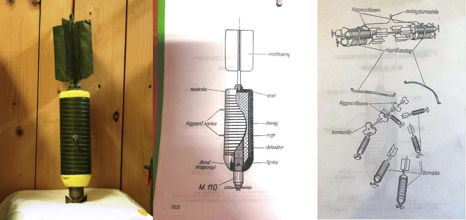 Amerikai FRAG 20 lb repeszbomba, a 9,8 kg bomba tömegéből mindössze 1,2 kg a TNT robbanótöltet, a bomba falvastagsága termeli a robbanáskor a megfelelő repesz mennyiséget. Mellette a bombavető konténer és a kioldott bombák.
