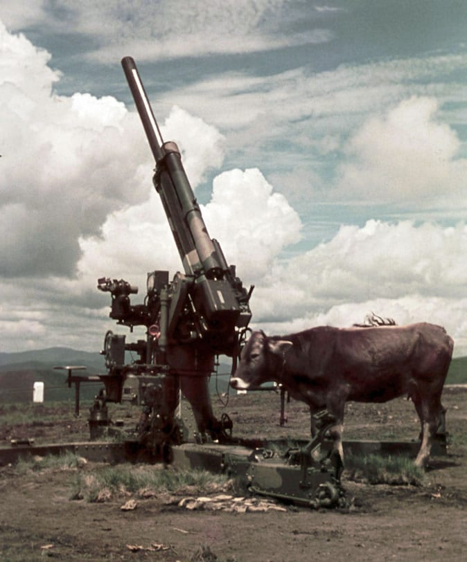 Látogató a 8 cm-es, készültségben lévő légvédelmi lövegnél. (Fortepan/Danassy Károly)