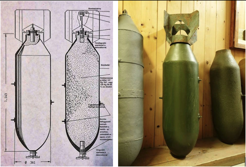 Amerikai 500 lb GP rombolóbomba, amelynek 227 kg teljes tömegéből 127 kg volt a TNT, vagy 120 kg az 50-50 %-os Amatol robbanótöltet.