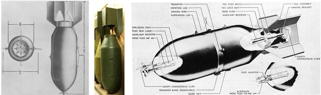 Amerikai 1000 lb GP rombolóbomba 566 font (257 kg) TNT, vagy 536 font (243,4 kg) Amatol robbanóanyaggal volt töltve.