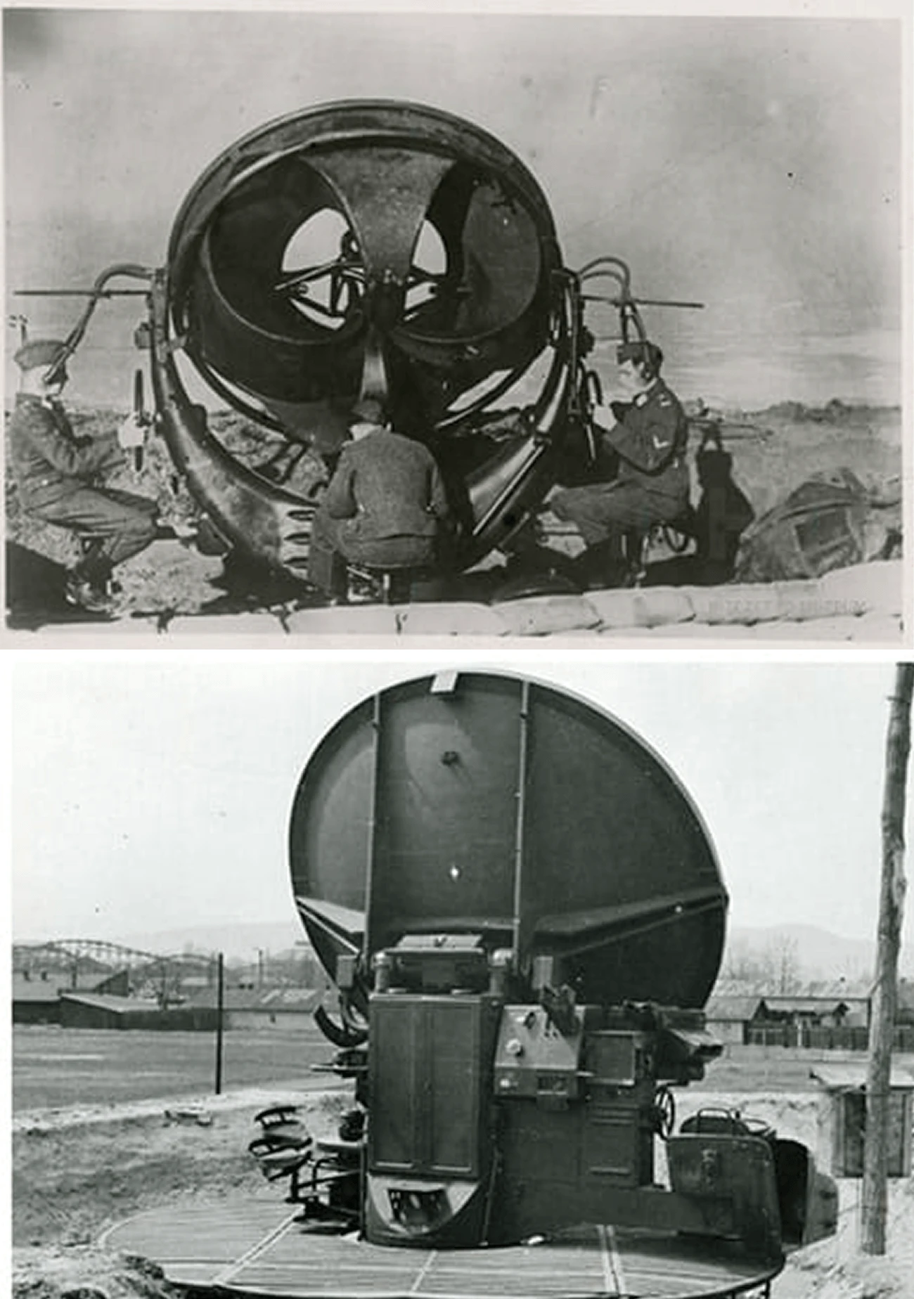 Német fülelő készülék. A nagyobb bombázó kötelékek irányának és távolságának felderítésére szolgált a nagy motorzaj alapján. (HTM) “Borbála” légvédelmi felderítő-tűzvezető lokátor a Rákosrendező pályaudvar mellett (Fortepan/Mihályi Balázs)