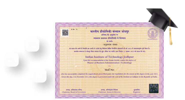 Certificate from Indian Institute of Technology Jodhpur awarding Master of Business Administration - Technology degree, with decorative border and graduation cap icon.