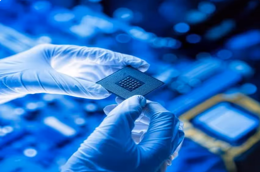 Hands wearing blue gloves holding a computer microchip against a blurred blue circuit board background.
